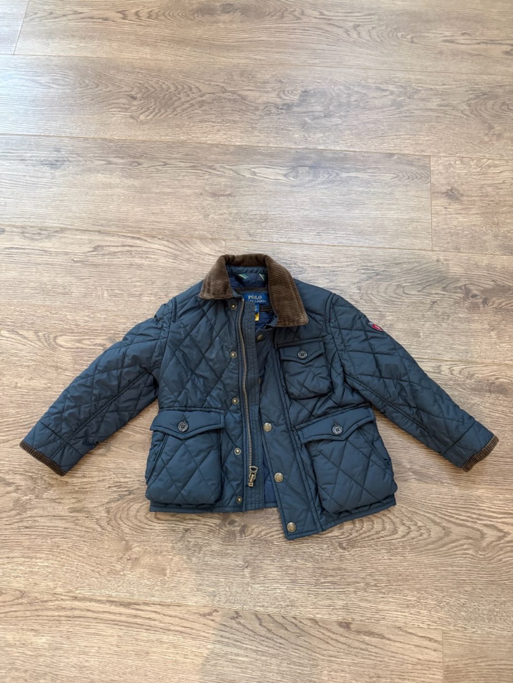Polo by Ralph Lauren Navy Quilted Puffer Jacket with Brown Corduroy Collar